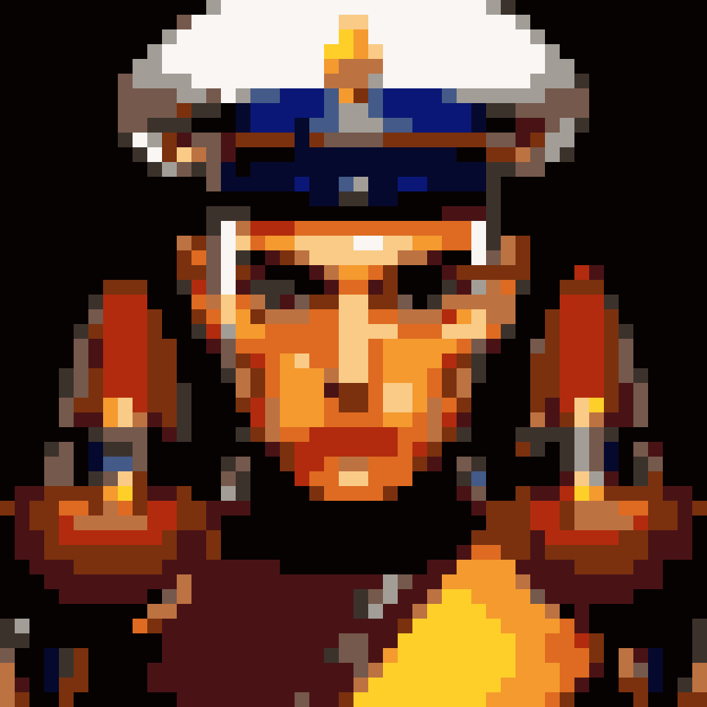 A pixel-art Hoodwinked captain character